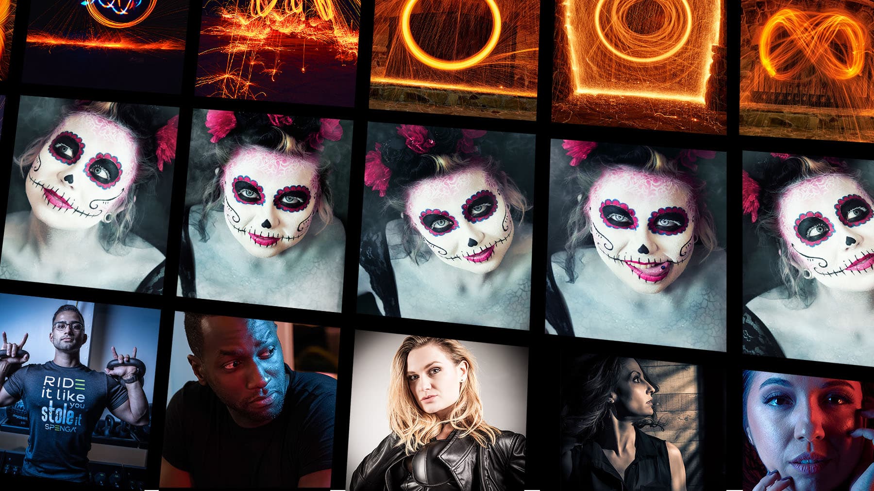 Different styles of photos taken by Jason Usher, included are lifestyle, creative, headshot, and long exposure photography.